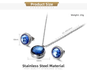 Detail showing dimensions of blue zircon stainless steel necklace and earring set