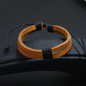 Vintage layered brown leather and hemp rope woven bracelet with adjustable black wax cord