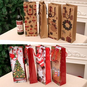 Christmas kraft paper wine gift bags with festive Santa and reindeer patterns for holiday party