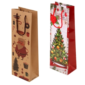 Christmas Kraft paper wine gift bags with Santa and tree patterns on white background
