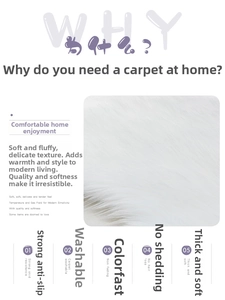 Detail of white faux fur rug showing non-slip back, washable and soft thick texture