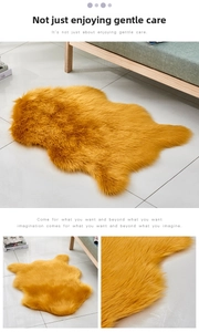 Close-up of soft yellow faux sheepskin rug with long plush pile texture and warm vibe