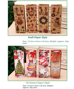 Detailed view of Christmas wine gift bags with festive Santa and reindeer patterns