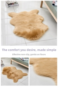 Detail of light camel faux fur rug showing thick texture and non-slip backing