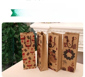 Four festive Kraft paper Christmas wine gift bags with handles and holiday patterns