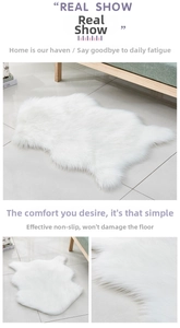 Detail of white faux fur rug showing non-slip backing for floor protection