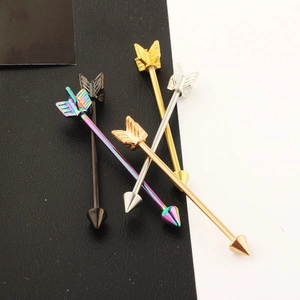 Detailed set of arrow industrial barbell ear piercings in five metallic color finishes