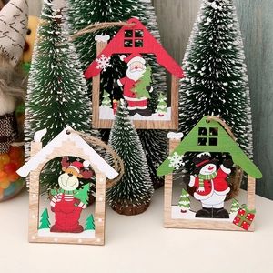 Three wooden laser-cut Christmas house ornaments with Santa, Snowman and Reindeer