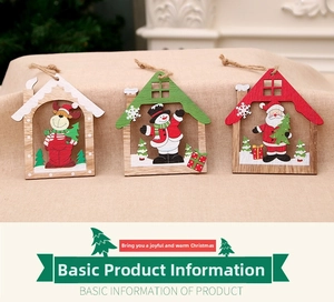 Detail of wooden Christmas ornaments featuring reindeer, snowman, and Santa patterns