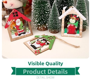 Detail of laser-cut wooden Christmas house ornaments with Santa, reindeer and snowman