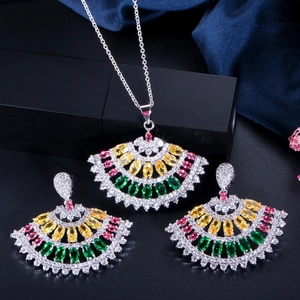 Detailed view of fan-shaped pendant necklace and earrings with multicolor zircons