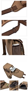 Detail of durable canvas messenger bag showing adjustable strap and side mesh pocket