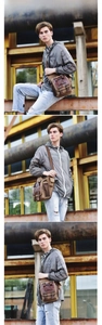 Detailed view of khaki canvas messenger bag with leather patches and multi-pocket design