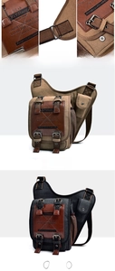 Detailed close-up of retro canvas messenger bag with leather accents and metal buckles