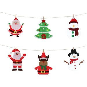 Christmas felt ornaments set with Santa, reindeer, and trees hung on rope with clips