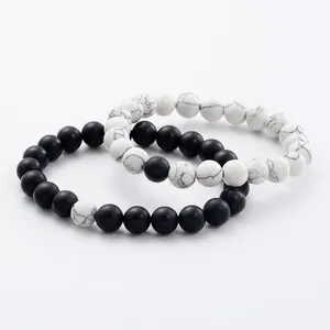 Beaded Bracelet Matte Black Agate White Turquoise Elastic String Natural Stone Jewelry Geometric Style For Men Women