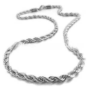 Close-up of a silver polished stainless steel rope chain necklace with lobster clasp