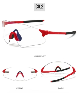 Three-angle display of red and black cycling glasses with clear protective lenses