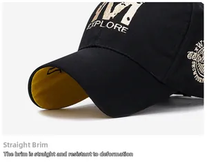 Makro-Detail der schwarzen Baumwoll-Baseballkappe mit fester Krempe und gelbem Akzent