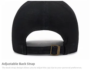Détail de la boucle en laiton réglable et de la sangle arrière sur la casquette noire vintage