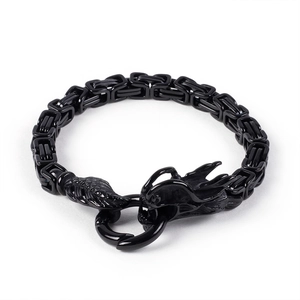 Men's black stainless steel dragon head bracelet with thick square curb chain link