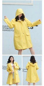 Three-way view of yellow waterproof hooded raincoat with pockets and drawstring hem