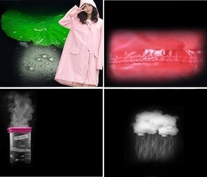Detail showing pink rain coat with waterproof lotus effect and seam taping technology