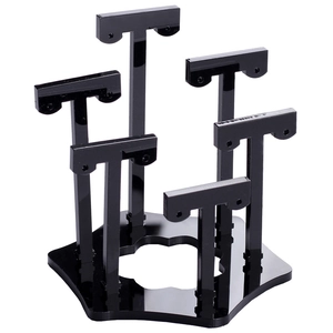 Glossy black acrylic earring display stand with multi-tiered T-bars and flower base