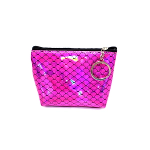Holographic pink fish scale zipper coin purse with metallic key ring and laser effect