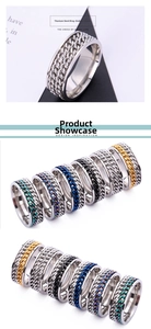 Detail showing various colors of rotatable double-chain stainless steel rings