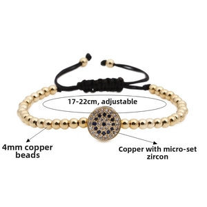 Detailed view of 4mm copper bead bracelet with blue micro-pave zirconia evil eye charm