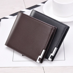 Men Short Bifold Wallet Litchi Pattern PU Leather Slim Multi Card Slots ID Window Business Casual Fashion Pocket Purse