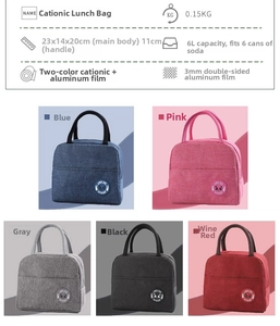 Detailed size chart and multi-color display of insulated 6L cation fabric lunch bag