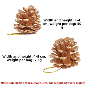 Detail showing gold pine cone ornaments in small and large sizes with gold hanging strings