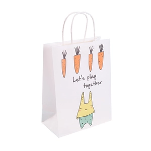 Cartoon rabbit kraft paper gift bag with rope handles and Let's play together print