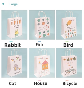 Detailed grid of large cartoon kraft paper gift bags with cute animal and house patterns