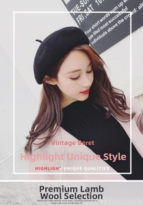 Detailed texture of black faux shearling wool beret worn with a casual autumn winter coat