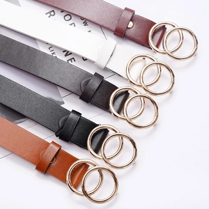 Women's faux leather skinny belts with gold double ring buckles in five assorted colors
