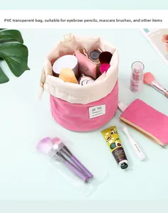 Dettaglio del beauty case in velluto rosa con custodia in PVC e mini pochette con zip