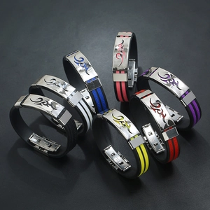 Tribal flame pattern stainless steel and silicone bracelets in seven vibrant colors