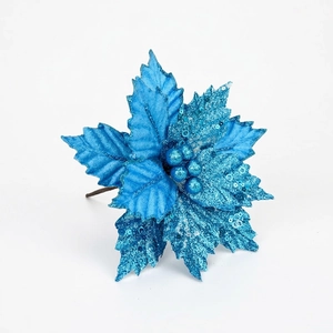 Lake blue double-layer artificial Christmas flower with glitter sequins and stamens