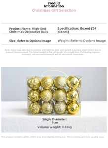 Set of 24 gold 6cm Christmas ball ornaments with glitter and matte snowflake textures