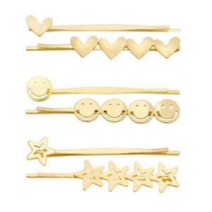 Detailed close-up of 6 gold alloy hair clips featuring heart, smiley, and star designs
