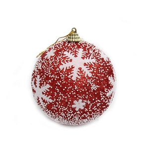 Red Christmas foam ball with white snowflake patterns and beads for tree decoration