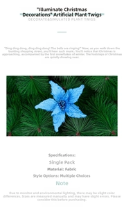 Detail of blue artificial Christmas flower with glitter petals on pine branches
