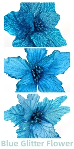 Macro detail of blue glitter Christmas flower showing textured petals and sparkling core