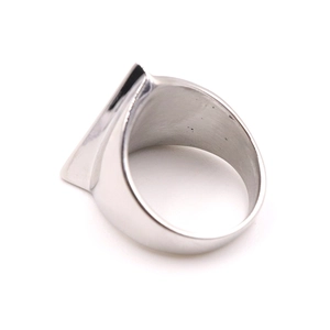 Silver geometric stainless steel evil eye ring for men with polished metallic finish