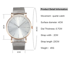 Detailed size chart of the mesh strap quartz watch with dial and band dimensions
