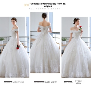 Three-way view of a French lace off-shoulder wedding dress with corset back details