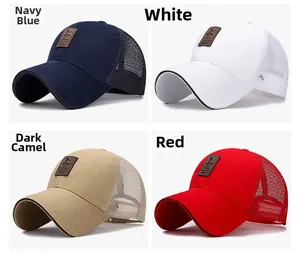 Detail of breathable mesh baseball caps in navy blue, white, camel, and red colors